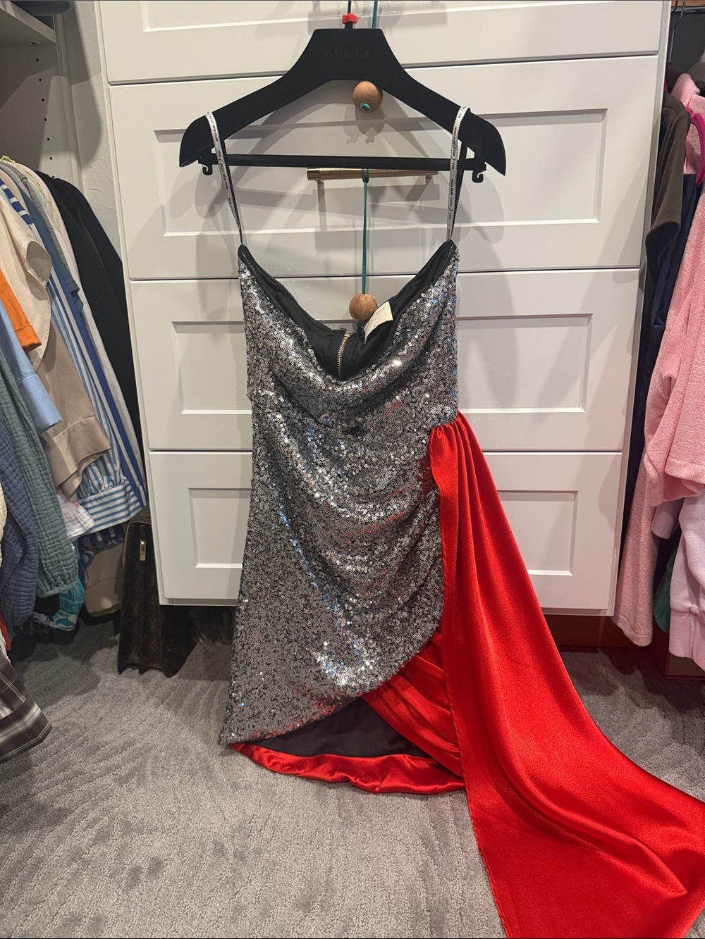 Sequin Mini Dress with Red Satin Drape